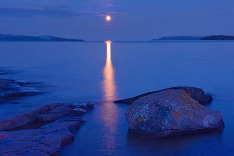Canada-Ontario-Rossport Moon over Lake Superior White Modern Wood Framed Art Print with Double Matting by Jaynes Gallery