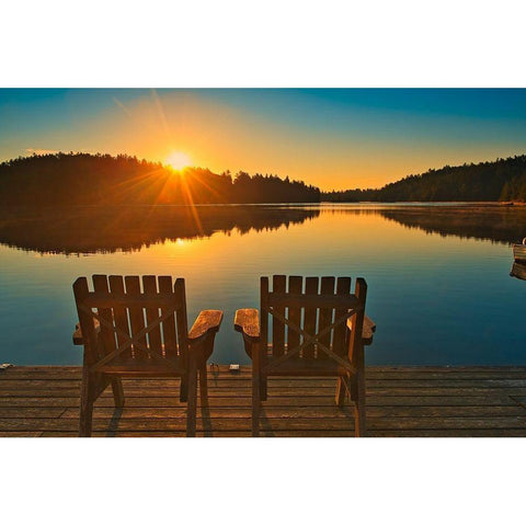 Canada-Ontario-Temagami Muskoka chairs on Snake Island Lake dock at sunrise White Modern Wood Framed Art Print by Jaynes Gallery