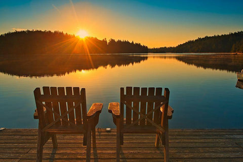 Canada-Ontario-Temagami Muskoka chairs on Snake Island Lake dock at sunrise Black Ornate Wood Framed Art Print with Double Matting by Jaynes Gallery
