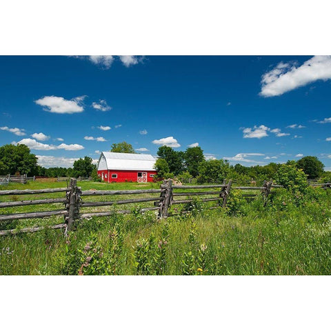 Canada-Ontario-Limoges Red barn and wooden fence Black Modern Wood Framed Art Print with Double Matting by Jaynes Gallery