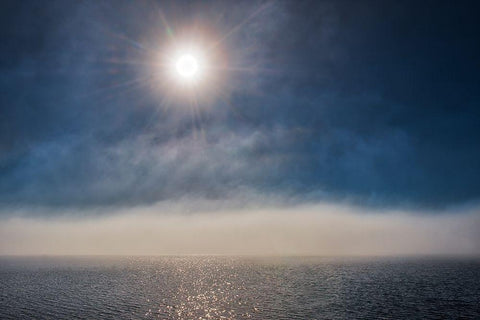 Canada-Ontario-Longlac Sunburst and fog on Long Lake White Modern Wood Framed Art Print with Double Matting by Jaynes Gallery