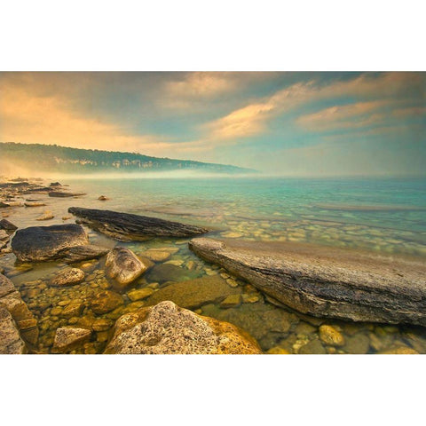 Canada-Ontario-Morning fog on Georgian Bay Limestone Rock Barrow Bay Bruce Peninsula Black Modern Wood Framed Art Print with Double Matting by Jaynes Gallery