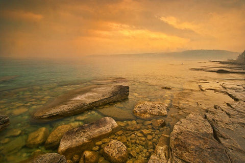 Canada-Ontario-Morning fog on Georgian Bay Limestone Rock Barrow Bay Bruce Peninsula Black Ornate Wood Framed Art Print with Double Matting by Jaynes Gallery
