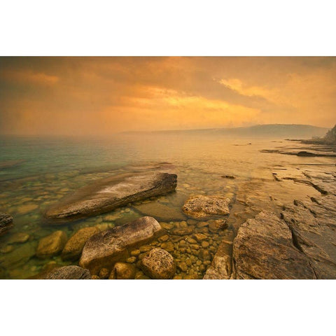 Canada-Ontario-Morning fog on Georgian Bay Limestone Rock Barrow Bay Bruce Peninsula Black Modern Wood Framed Art Print by Jaynes Gallery