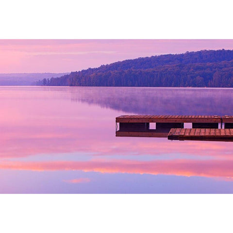 Canada-Ontario-Algonquin Provincial Park-Dock and fog on Lake of Two Rivers Black Modern Wood Framed Art Print by Jaynes Gallery