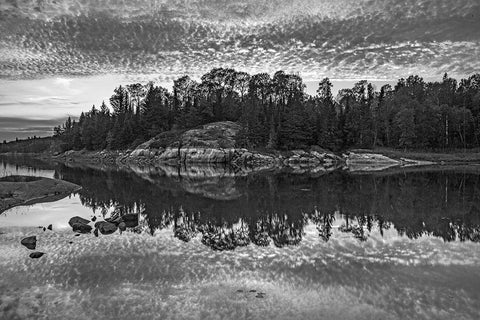 Canada-Ontario-Kenora District Black and white of clouds reflected in Middle Lake White Modern Wood Framed Art Print with Double Matting by Jaynes Gallery