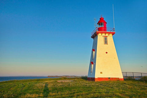 Canada-Prince Edward Island Souris East Lighthouse on Knight Point at sunrise White Modern Wood Framed Art Print with Double Matting by Jaynes Gallery