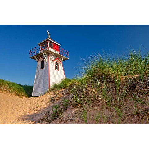 Prince Edward Island-Prince Edward Island National Park Lighthouse and dunes at Covehead Harbour White Modern Wood Framed Art Print by Jaynes Gallery