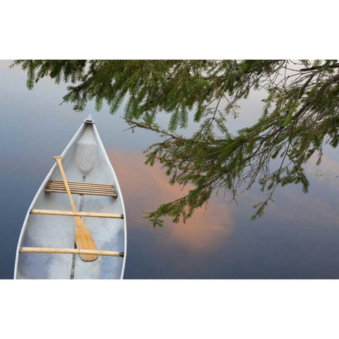 Canada, Quebec, Eastman Canoe on lake at sunset Gold Ornate Wood Framed Art Print with Double Matting by Delisle, Gilles