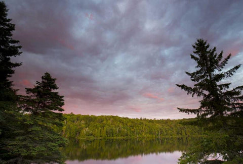 Canada, Quebec Sunset over Lake Long Pond White Modern Wood Framed Art Print with Double Matting by Delisle, Gilles