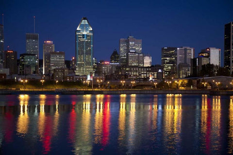 Canada, Montreal Night over downtown and river White Modern Wood Framed Art Print with Double Matting by Zuckerman, Jim