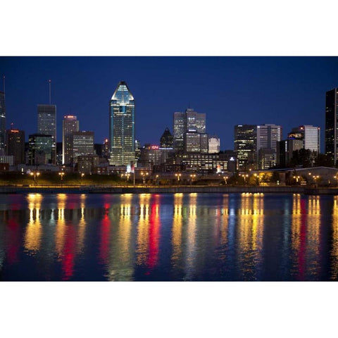 Canada, Montreal Night over downtown and river Black Modern Wood Framed Art Print by Zuckerman, Jim