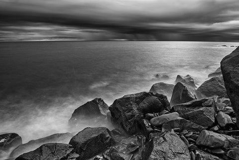 Canada-Quebec-Ruisseau Castor Shoreline rocks on Gulf of St Lawrence in storm light White Modern Wood Framed Art Print with Double Matting by Jaynes Gallery