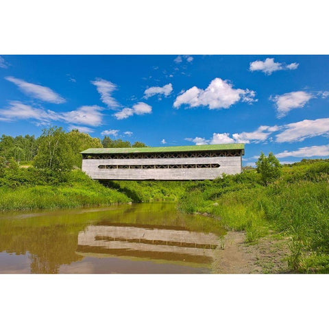 Canada-Quebec-St-Bruno-de-Guigues Covered bridge over river Black Modern Wood Framed Art Print with Double Matting by Jaynes Gallery