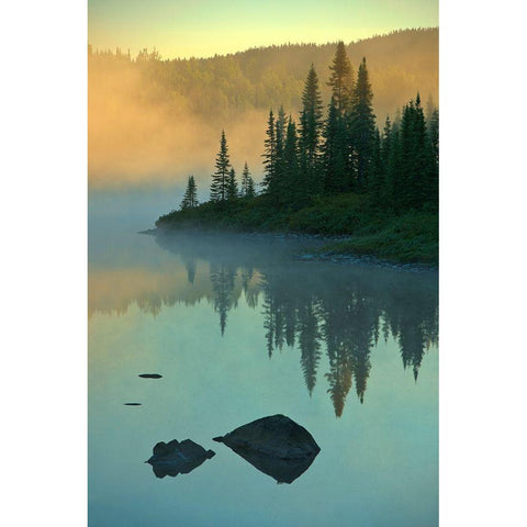 Canada-Quebec-Chibougamau Lake in fog at sunrise Black Modern Wood Framed Art Print by Jaynes Gallery