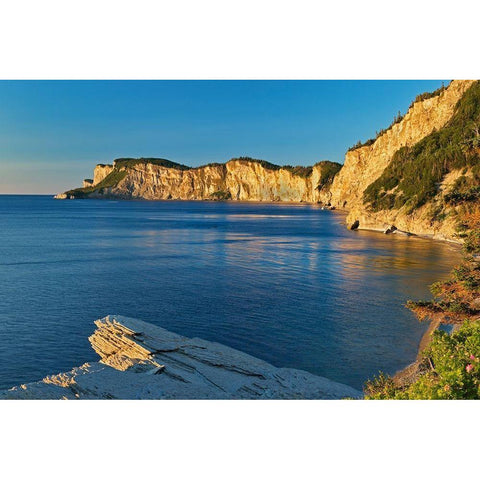 Canada-Quebec-Forillon National Park Limestone cliffs along Gulf of St Lawrence at sunrise Black Modern Wood Framed Art Print by Jaynes Gallery