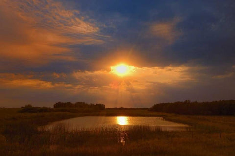 Canada, Saskatchewan, Dubuc Sunset over pond Black Ornate Wood Framed Art Print with Double Matting by Grandmaison, Mike