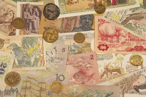 Coins and paper money from various countries Black Ornate Wood Framed Art Print with Double Matting by Satushek, Steve