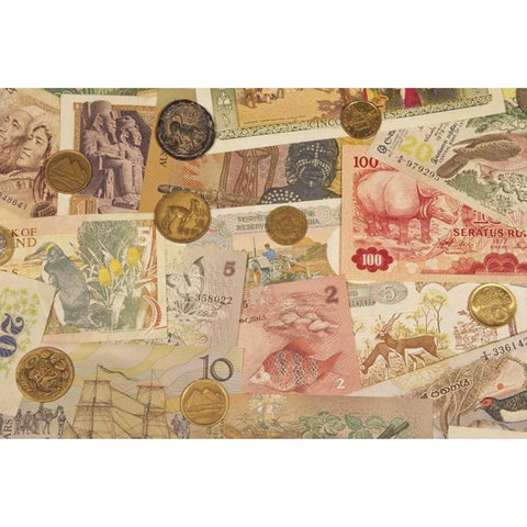 Coins and paper money from various countries Black Modern Wood Framed Art Print by Satushek, Steve