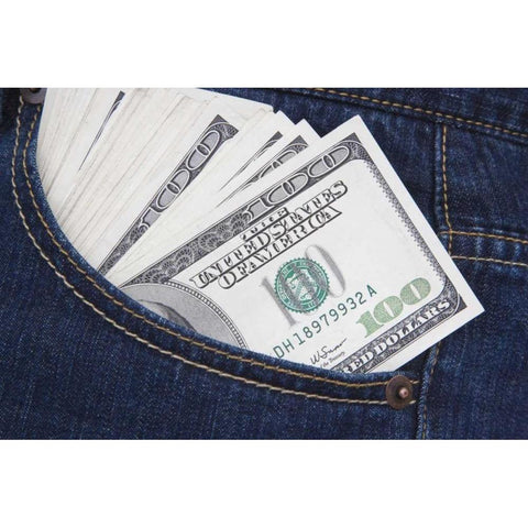 Some US $100 bills in a jeans pocket White Modern Wood Framed Art Print by Flaherty, Dennis