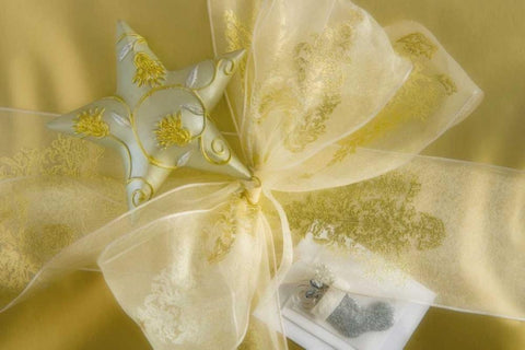 Detail of decorations on a Christmas gift White Modern Wood Framed Art Print with Double Matting by Paulson, Don