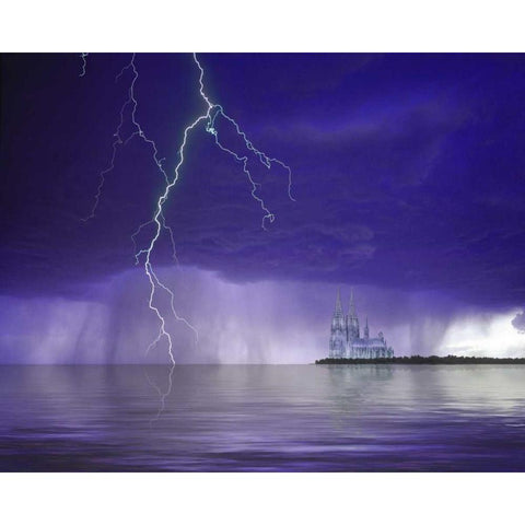 Gantasy cathedral, lightning and water Black Modern Wood Framed Art Print with Double Matting by Zuckerman, Jim