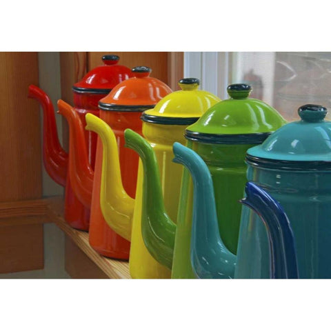 Coffee pots in orderly row on window sill Black Modern Wood Framed Art Print by Terrill, Steve
