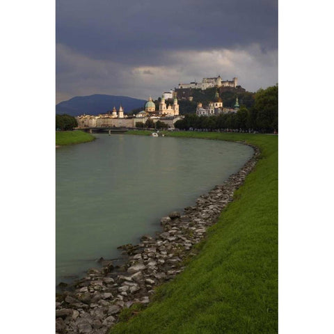 Austria, Salzburg View along the Salzach River  White Modern Wood Framed Art Print by Flaherty, Dennis