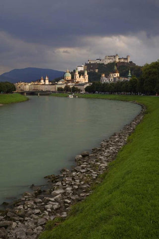 Austria, Salzburg View along the Salzach River  Black Ornate Wood Framed Art Print with Double Matting by Flaherty, Dennis