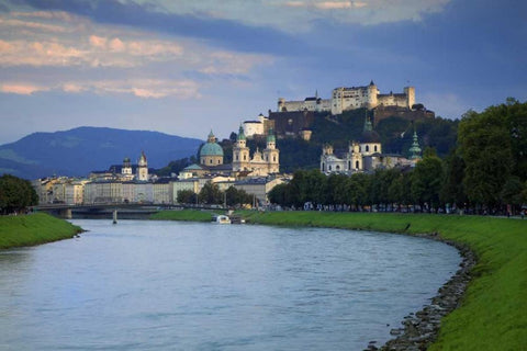 Austria, Salzburg View along the Salzach River  Black Ornate Wood Framed Art Print with Double Matting by Flaherty, Dennis