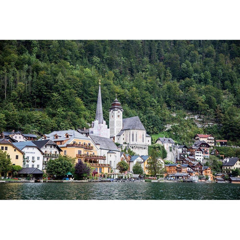 Austria-Hallstatt-Town of Hallstatt as seen from Lake Hallstatt  Black Modern Wood Framed Art Print by Looney, Hollice