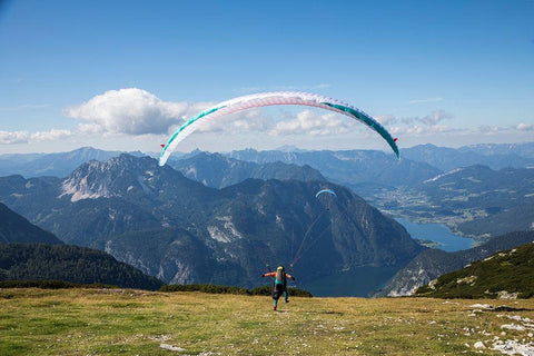 Austria-Dachstein-Paragliders as they prepare to take off above Lake Hallstatt Black Ornate Wood Framed Art Print with Double Matting by Looney, Hollice