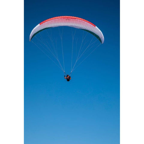 Austria-Dachstein-Paraglider soaring above Lake Hallstatt and the surrounding mountains Black Modern Wood Framed Art Print by Looney, Hollice