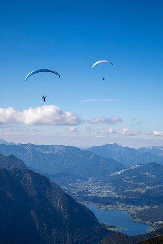 Austria-Dachstein-Paragliders as they soar above Lake Hallstatt and the surrounding mountains White Modern Wood Framed Art Print with Double Matting by Looney, Hollice