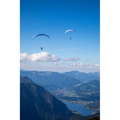 Austria-Dachstein-Paragliders as they soar above Lake Hallstatt and the surrounding mountains Gold Ornate Wood Framed Art Print with Double Matting by Looney, Hollice