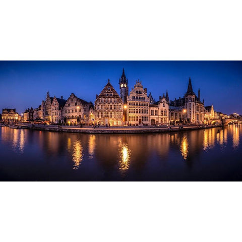 Europe-Belgium-Ghent-Panoramic of town and canal reflections at night Black Modern Wood Framed Art Print by Jaynes Gallery