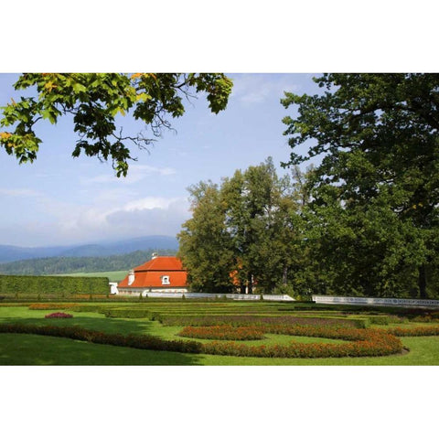 Czech Republic, Cesky Krumlov Chateau Gardens Black Modern Wood Framed Art Print with Double Matting by Flaherty, Dennis