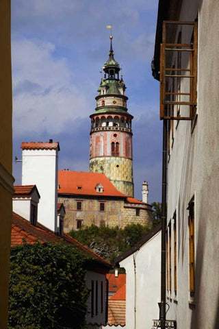 Czech Republic, Cesky Krumlov and Chateau tower Black Ornate Wood Framed Art Print with Double Matting by Flaherty, Dennis