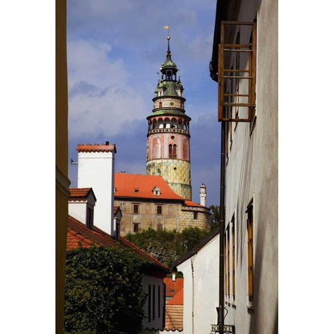 Czech Republic, Cesky Krumlov and Chateau tower White Modern Wood Framed Art Print by Flaherty, Dennis