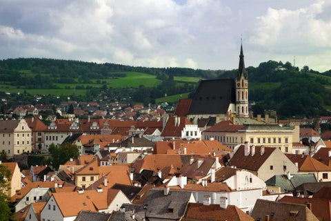 Czech Republic, Cesky Krumlov Town and hills White Modern Wood Framed Art Print with Double Matting by Flaherty, Dennis