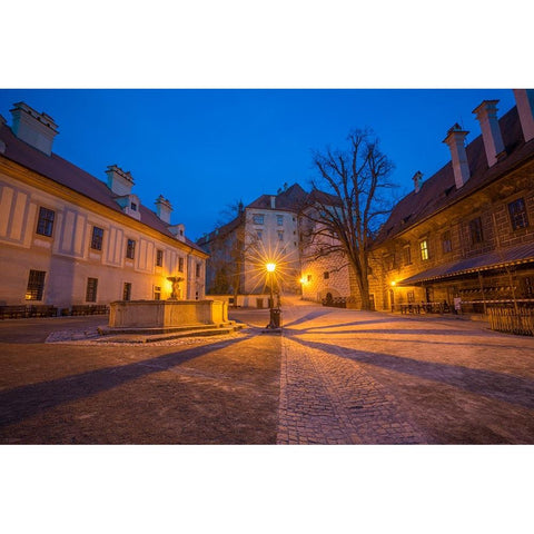 Europe-Czech Republic-Cesky Krumlov-Cesky Krumlov Castle courtyard at sunset Black Modern Wood Framed Art Print by Jaynes Gallery