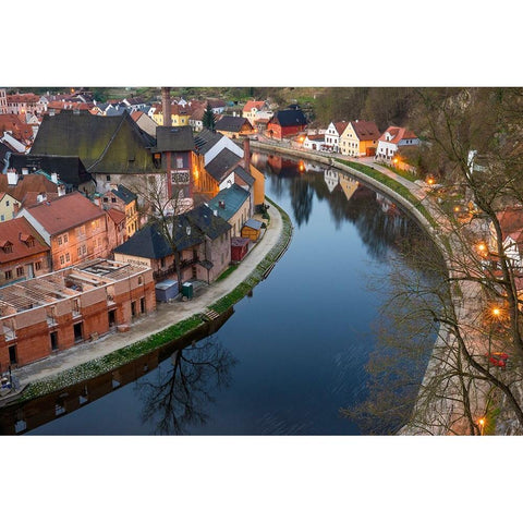 Europe-Czech Republic-Cesky Krumlov-Overview of town and Vltava River Black Modern Wood Framed Art Print by Jaynes Gallery