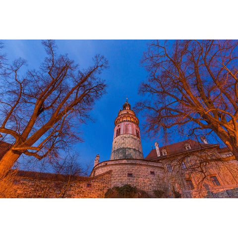 Europe-Czech Republic-Cesky Krumlov-Castle and trees at sunset Black Modern Wood Framed Art Print by Jaynes Gallery