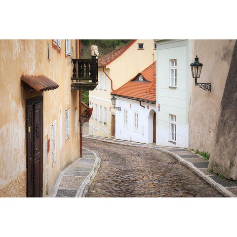 Europe-Czech Republic-Prague-Houses on cobblestone street White Modern Wood Framed Art Print by Jaynes Gallery