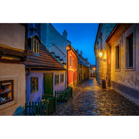 Europe-Czech Republic-Prague-Golden Lane buildings and street at night Black Modern Wood Framed Art Print by Jaynes Gallery