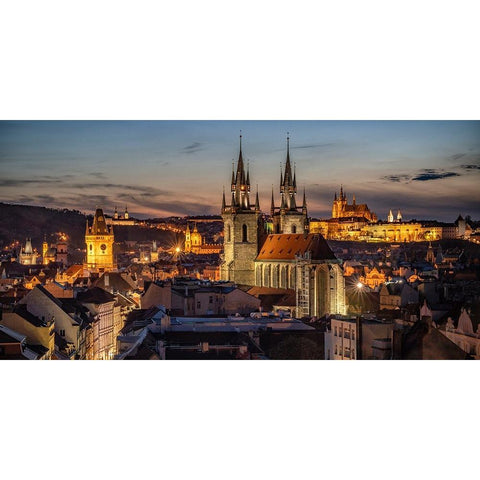 Europe-Czech Republic-Prague-Panoramic overview of city at sunset Gold Ornate Wood Framed Art Print with Double Matting by Jaynes Gallery