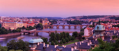 Europe-Czech Republic-Prague-Panoramic overview of Vltava River and bridges Black Ornate Wood Framed Art Print with Double Matting by Jaynes Gallery