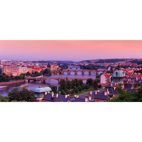 Europe-Czech Republic-Prague-Panoramic overview of Vltava River and bridges Black Modern Wood Framed Art Print by Jaynes Gallery