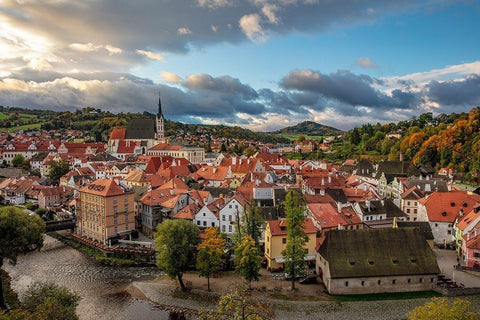 Looking down onto the village of Cesky Krumlov-Czech Republic Black Ornate Wood Framed Art Print with Double Matting by Haney, Chuck