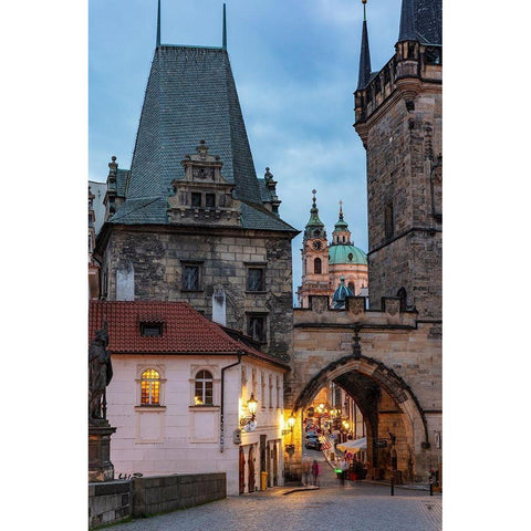Arch of Lesser Town Bridge Tower on Charles Bridge with St Nicholas Church in Prague-Czech Republic Black Modern Wood Framed Art Print by Haney, Chuck